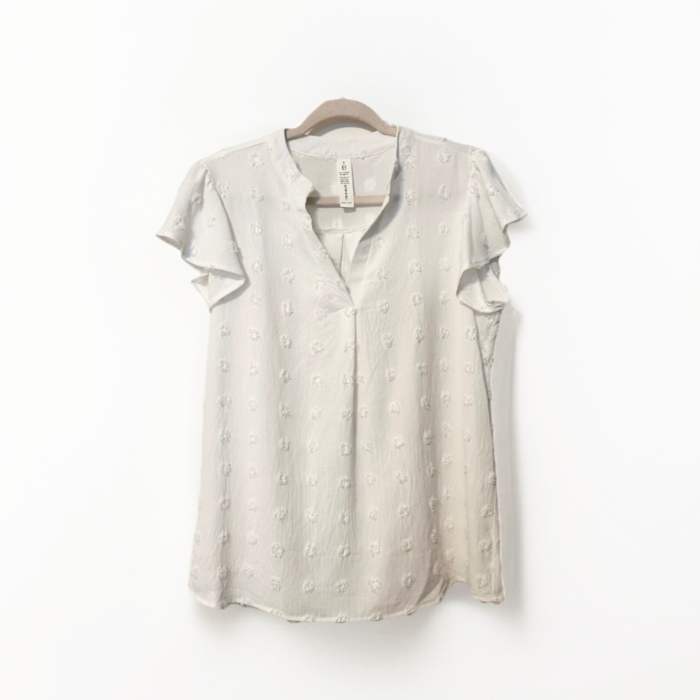 B V Neck Ruffle Short Sleeve Blouse Swiss Dot Flowy Shirt Tunic Top White M